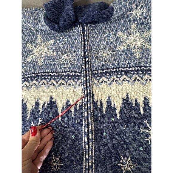 VTG Stitches In Time Womens L Blue White Granny Sweater Beaded Snowflake Holiday - Picture 5 of 13